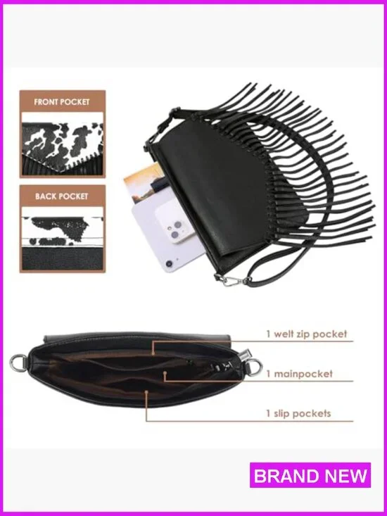 Vintage Boho Hobo Crossbody Bag Faux Leather Fringe Tassel Western Style - Picture 5 of 7